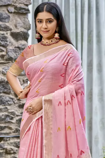 Sangam prints pink cotton woven work traditional saree
