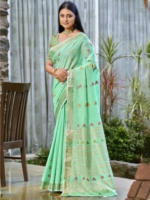 Sangam prints turquoise cotton woven work traditional saree 1