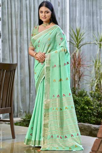 Sangam prints turquoise cotton woven work traditional saree