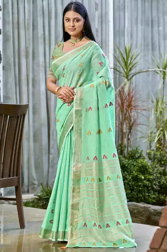 Sangam prints turquoise cotton woven work traditional saree