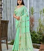 Sangam prints turquoise cotton woven work traditional saree