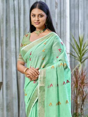 Sangam prints turquoise cotton woven work traditional saree 2