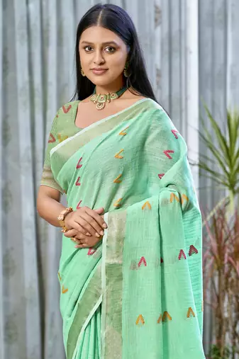 Sangam prints turquoise cotton woven work traditional saree