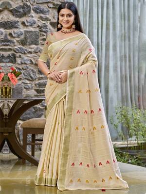 Sangam prints beige cotton woven work traditional saree 1