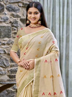 Sangam prints beige cotton woven work traditional saree 2