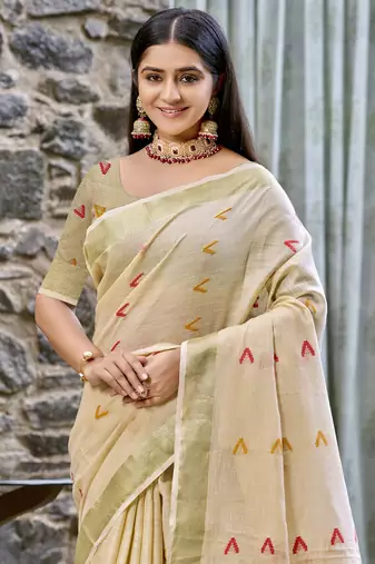 Sangam prints beige cotton woven work traditional saree