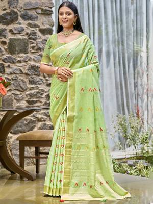 Sangam prints light green cotton woven work traditional saree 1