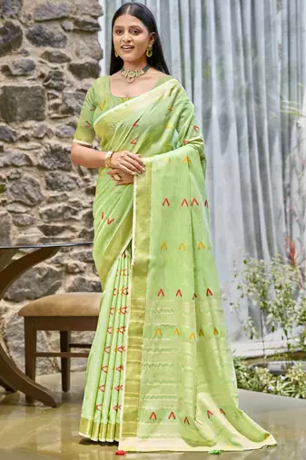Sangam prints light green cotton woven work traditional saree