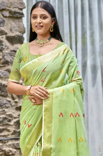 Sangam prints light green cotton woven work traditional saree