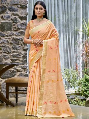 Sangam prints peach cotton woven work traditional saree 1