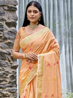 Sangam prints peach cotton woven work traditional saree 2