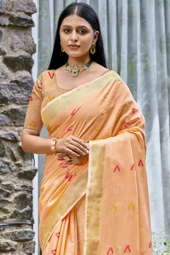 Sangam prints peach cotton woven work traditional saree