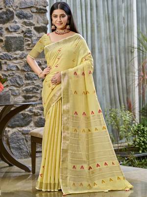 Sangam prints yellow cotton woven work traditional saree 1