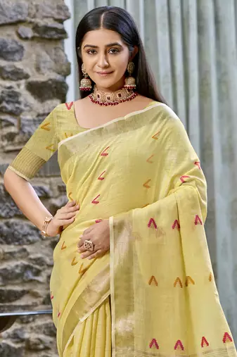Sangam prints yellow cotton woven work traditional saree