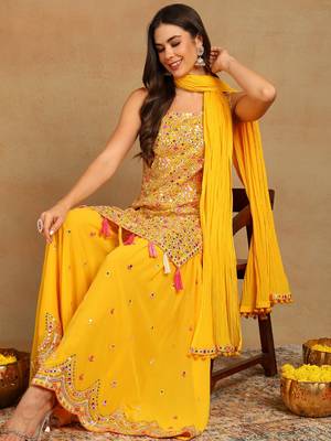 women yellow georgette solid embroidered straight kurta sharara with dupatta 1