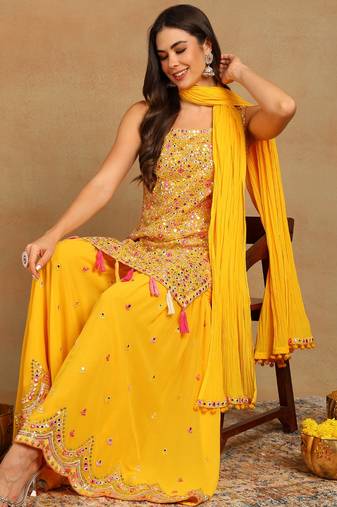 women yellow georgette solid embroidered straight kurta sharara with dupatta