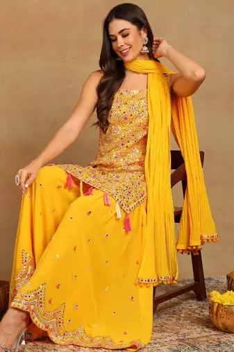women yellow georgette solid embroidered straight kurta sharara with dupatta