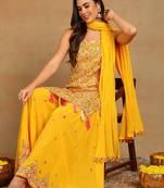 women yellow georgette solid embroidered straight kurta sharara with dupatta