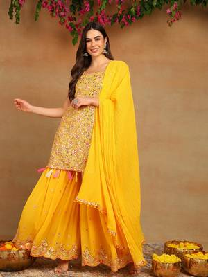 women yellow georgette solid embroidered straight kurta sharara with dupatta 2