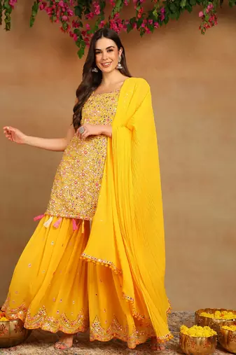 women yellow georgette solid embroidered straight kurta sharara with dupatta