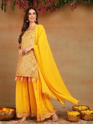 women yellow georgette solid embroidered straight kurta sharara with dupatta 3
