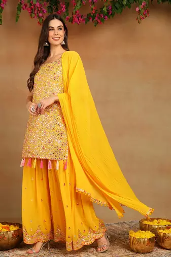 women yellow georgette solid embroidered straight kurta sharara with dupatta