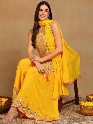 women yellow georgette solid embroidered straight kurta sharara with dupatta 4