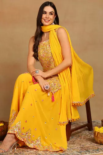 women yellow georgette solid embroidered straight kurta sharara with dupatta