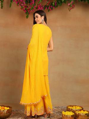 women yellow georgette solid embroidered straight kurta sharara with dupatta 5