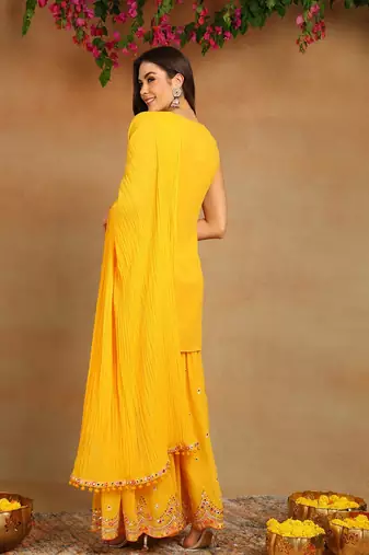women yellow georgette solid embroidered straight kurta sharara with dupatta
