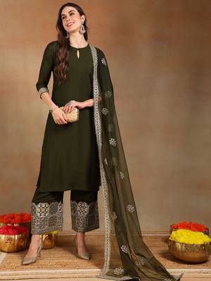women olive silk blend solid solid straight kurta palazzos with dupatta 1