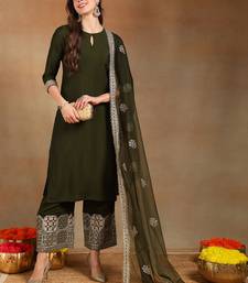 women olive silk blend solid solid straight kurta palazzos with dupatta