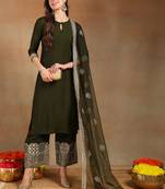 women olive silk blend solid solid straight kurta palazzos with dupatta
