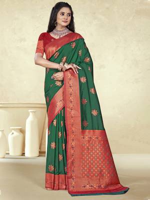 Sangam prints dark green silk woven work traditional saree 1