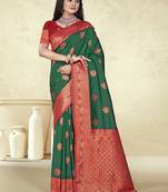 Sangam prints dark green silk woven work traditional saree