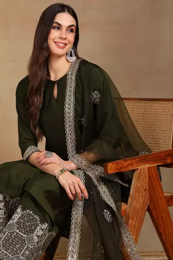 women olive silk blend solid solid straight kurta palazzos with dupatta