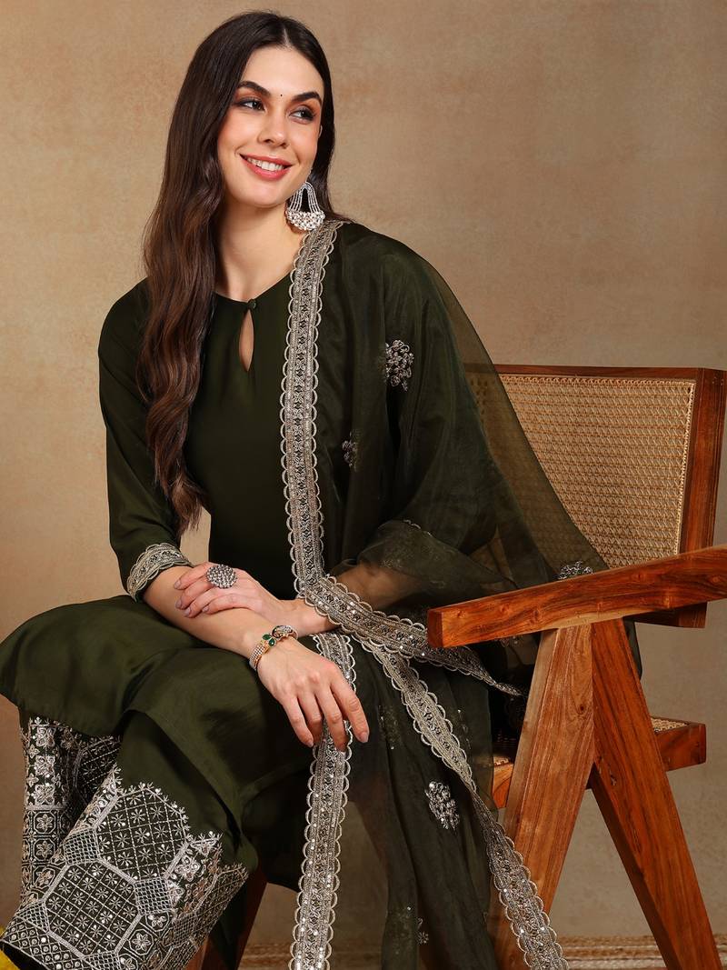 women olive silk blend solid solid straight kurta palazzos with dupatta