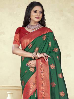 Sangam prints dark green silk woven work traditional saree 2