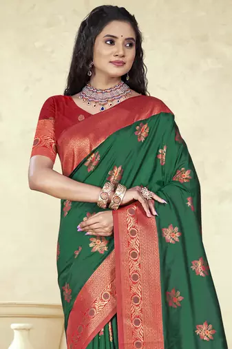 Sangam prints dark green silk woven work traditional saree