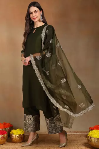 women olive silk blend solid solid straight kurta palazzos with dupatta