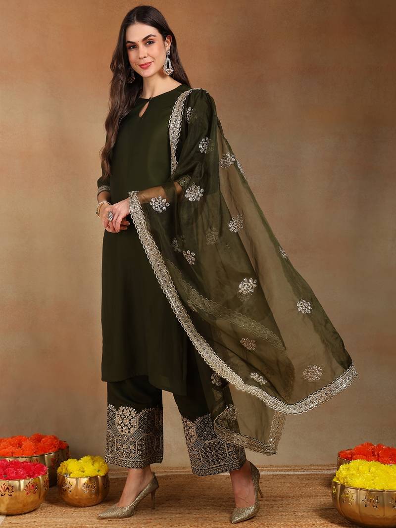 women olive silk blend solid solid straight kurta palazzos with dupatta