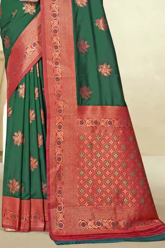 Sangam prints dark green silk woven work traditional saree