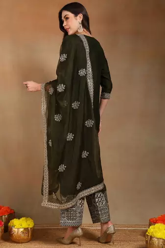 women olive silk blend solid solid straight kurta palazzos with dupatta