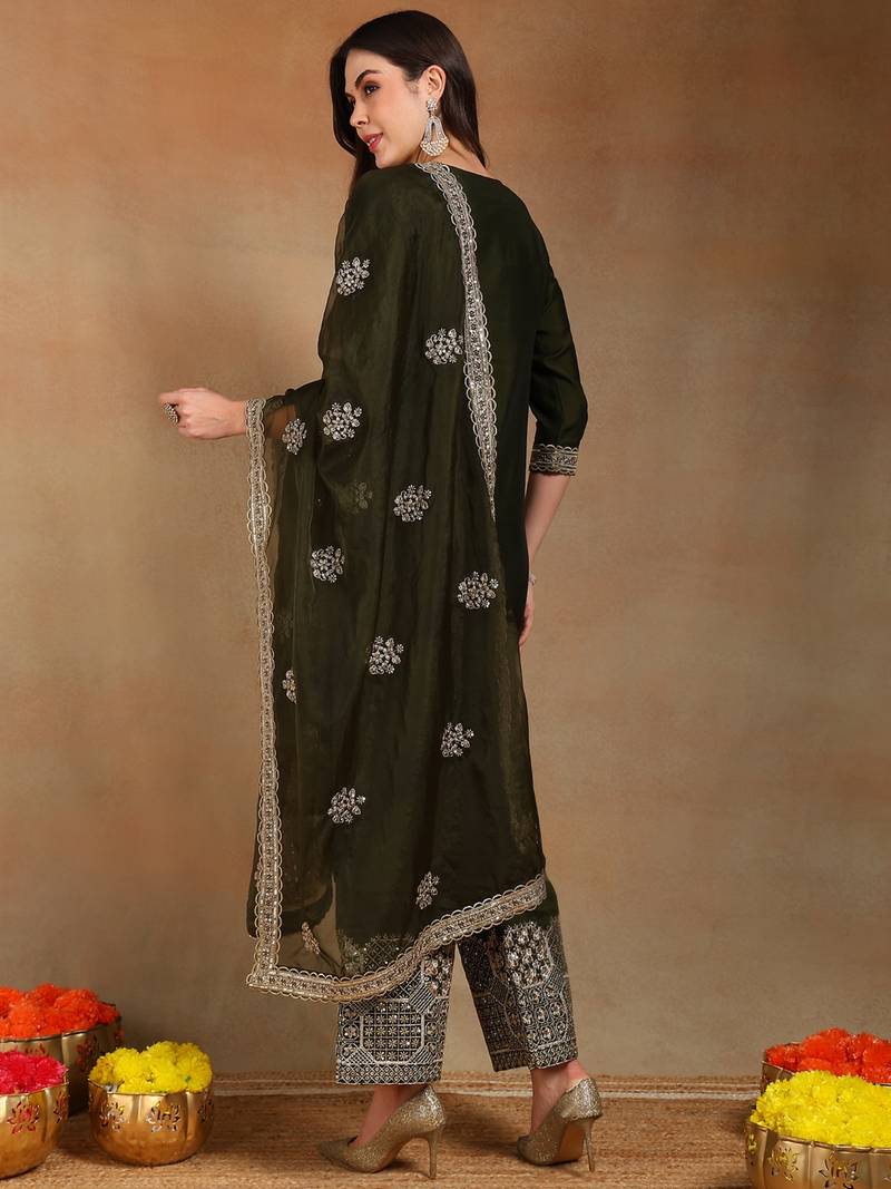 women olive silk blend solid solid straight kurta palazzos with dupatta