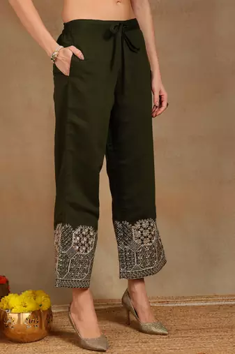 women olive silk blend solid solid straight kurta palazzos with dupatta