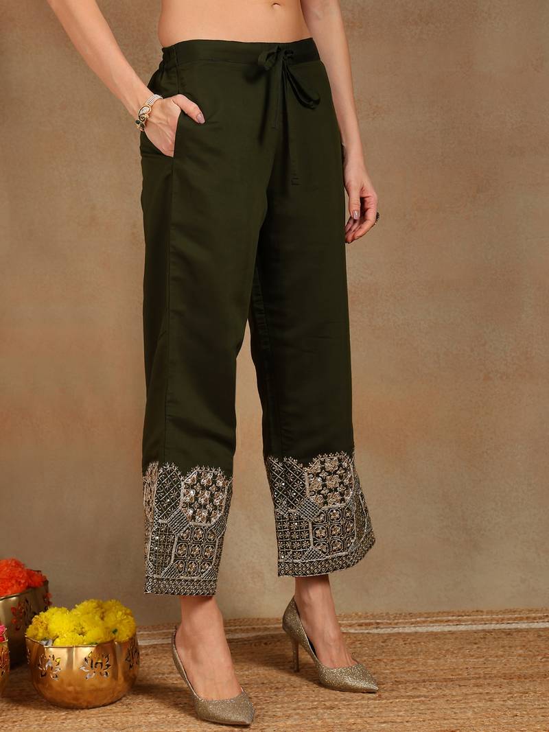 women olive silk blend solid solid straight kurta palazzos with dupatta