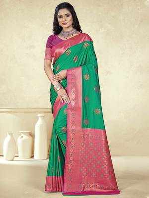 Sangam prints green silk woven work traditional saree 1