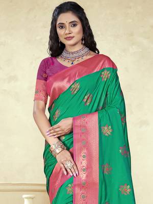 Sangam prints green silk woven work traditional saree 2