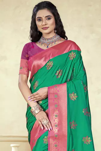 Sangam prints green silk woven work traditional saree