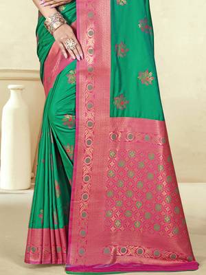 Sangam prints green silk woven work traditional saree 3